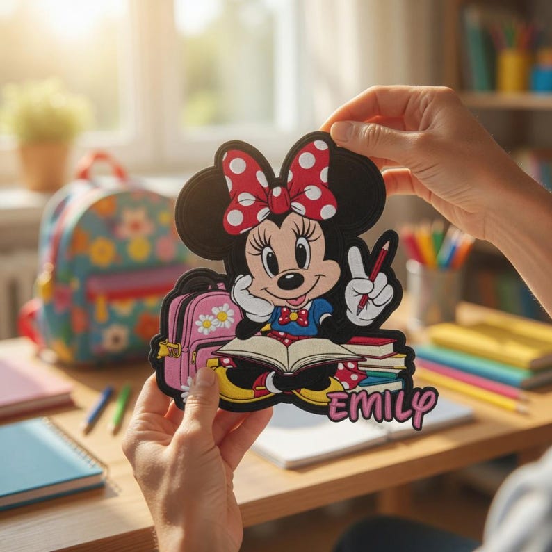 Pu&ograve; includere: Un adesivo a tema Minnie Mouse con Minnie Mouse con un fiocco rosso e pois bianchi, uno zaino rosa e il nome "EMILY". L'adesivo &egrave; tenuto davanti a una scrivania con uno zaino e materiale scolastico.
