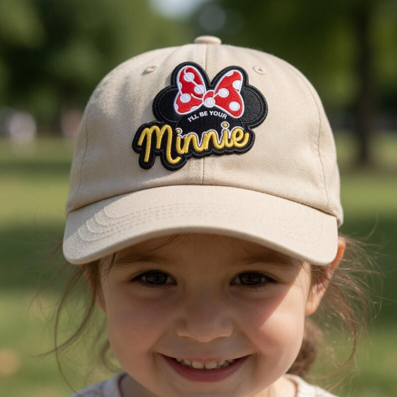 May include: A beige baseball cap with a Minnie Mouse motif. The design features a red and white polka dot bow, black mouse ears, and the text "I'll be your Minnie" in black and yellow script.