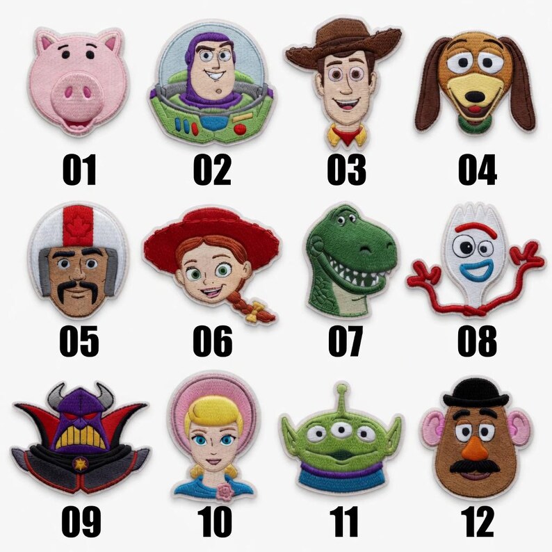 May include: A collection of twelve embroidered patches featuring characters from the Toy Story franchise, numbered 01 through 12. The set includes a pig, space ranger, cowboy, dog, stuntman, cowgirl, dinosaur, spork, villain, shepherd, alien, and potato.