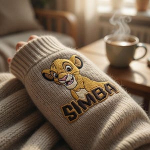May include: A beige knit sweater sleeve featuring an embroidered patch of the character Simba from The Lion King. The design includes a detailed yellow and brown lion cub graphic positioned above the bold, dark brown text reading SIMBA.