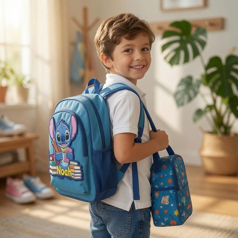 May include: A blue backpack and matching lunch bag featuring a graphic of the character Stitch holding pencils with the name Noah printed below. The backpack has a front pocket, side mesh compartments, and adjustable shoulder straps in blue.