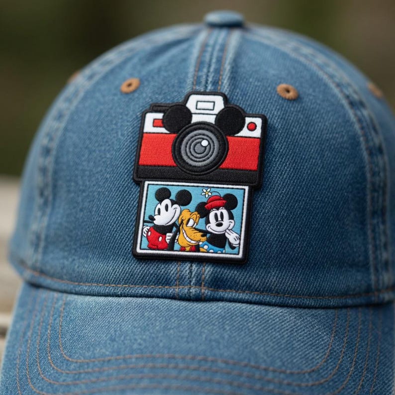 Puede incluir: Gorra de b&eacute;isbol de mezclilla azul con un parche colorido que presenta un dise&ntilde;o de c&aacute;mara roja y negra y una imagen de Mickey Mouse, Pluto y otro Mickey Mouse. La gorra tiene una visera curva y un bot&oacute;n en la parte superior.
