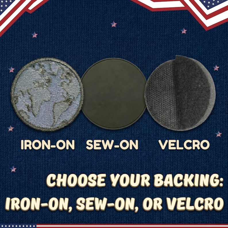 May include: Image showing three circular patches with different backings: iron-on, sew-on, and Velcro. The patches are displayed against a blue background with text that reads "CHOOSE YOUR BACKING: IRON-ON, SEW-ON, OR VELCRO."