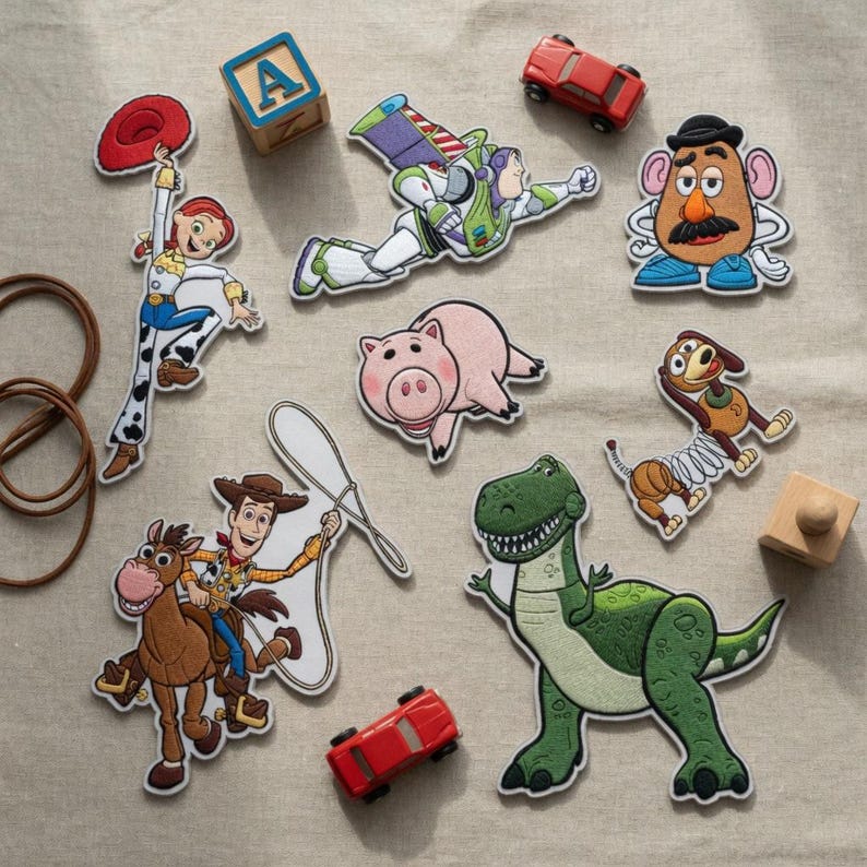 K&ouml;nnte beinhalten: Eine Sammlung von gestickten Aufn&auml;hern mit Toy Story-Figuren, darunter ein Cowboy, ein Cowgirl, ein Weltraum-Ranger, eine kartoffelf&ouml;rmige Figur, ein Schwein, ein Dinosaurier, ein Federhund sowie ein Holzklotz mit dem Buchstaben A und zwei Spielzeugautos.