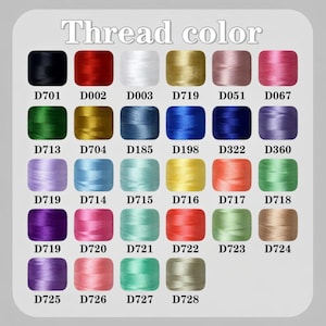 May include: A color chart of embroidery thread samples. The image displays a variety of thread colors, each in a small square with a corresponding code. The text "Thread color" is at the top. Colors include black, red, white, gold, pink, green, blue, purple, yellow, orange, and tan.