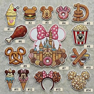 May include: A collection of embroidered patches featuring Disney-themed food and icons. Includes a soft-serve ice cream, burger, Mickey Mouse face, donut, churro, turkey leg, castle, popcorn, pretzel, ice cream cones, and a headband.