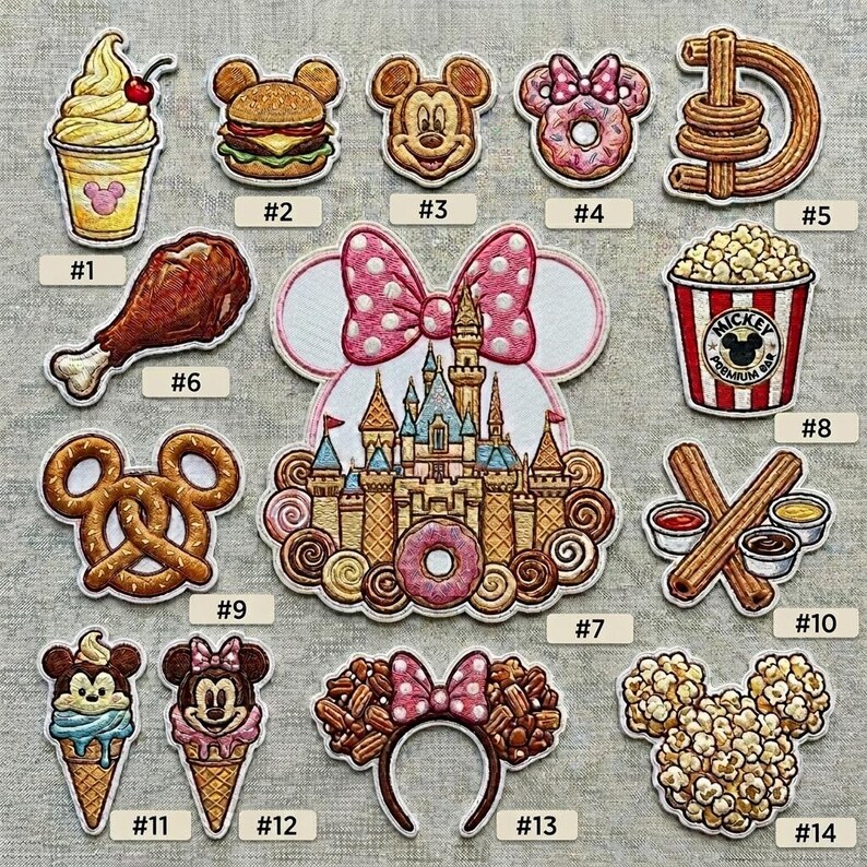 May include: A collection of embroidered patches featuring Disney-themed food and icons. Includes a soft-serve ice cream, burger, Mickey Mouse face, donut, churro, turkey leg, castle, popcorn, pretzel, ice cream cones, and a headband.