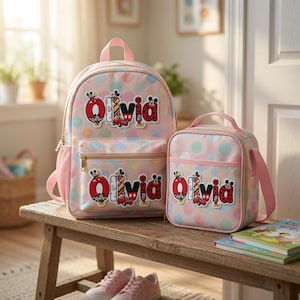 May include: A light pink backpack and matching lunch bag featuring a pastel polka dot pattern. Both items are personalized with the name Olivia in red letters decorated with Mickey Mouse motifs, including small figures and a red car graphic.