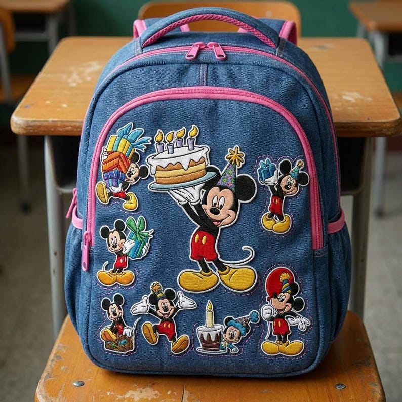 May include: Blue denim backpack with pink trim and multiple Mickey Mouse patches. The patches depict Mickey Mouse celebrating a birthday with a cake and gifts. The backpack has a top handle and two zippered compartments.