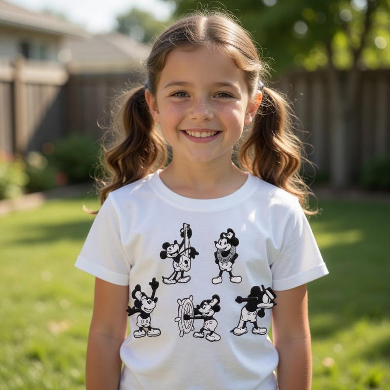 Op de afbeelding: Een wit t-shirt met een zwart-witte afbeelding van Mickey Mouse in verschillende poses. Het ontwerp bevat Mickey die gitaar speelt, een matrozenoutfit draagt en aan het roer van een schip staat. Het t-shirt wordt door een jong meisje gedragen.