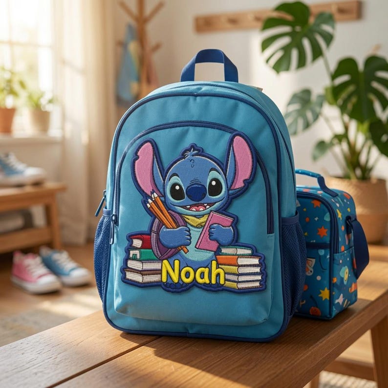 May include: A light blue backpack featuring a large embroidered patch of the character Stitch holding pencils and a book, with stacks of books and the name Noah printed in yellow. A matching blue lunch bag with a colorful pattern sits beside it.