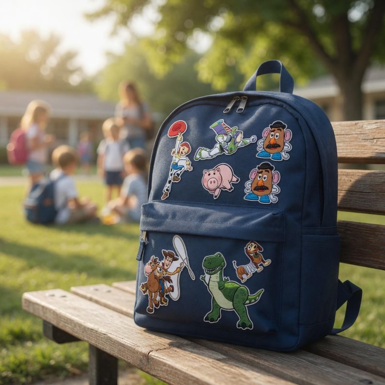 K&ouml;nnte beinhalten: Ein marineblauer Rucksack mit verschiedenen gestickten Aufn&auml;hern von Zeichentrickfiguren, darunter ein Cowboy, ein Weltraum-Ranger, eine kartoffelf&ouml;rmige Figur, ein rosa Schwein, ein gr&uuml;ner Dinosaurier und ein Dackel, mit silbernen Rei&szlig;verschl&uuml;ssen.