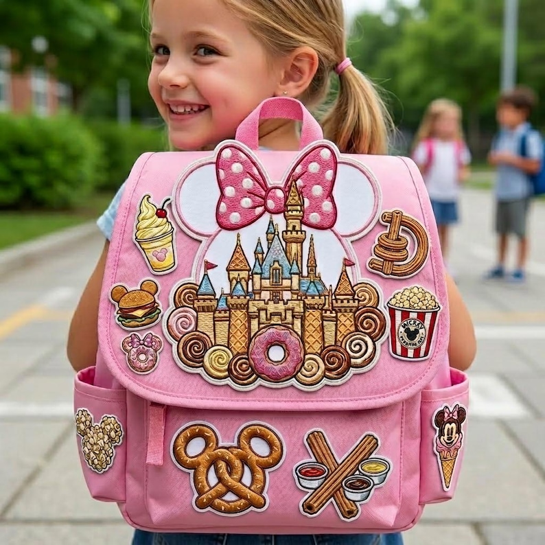 May include: Pink backpack featuring a Minnie Mouse bow and castle design. The backpack is adorned with food-themed patches, including a burger, donut, popcorn, and ice cream. It has two side pockets and a top handle.