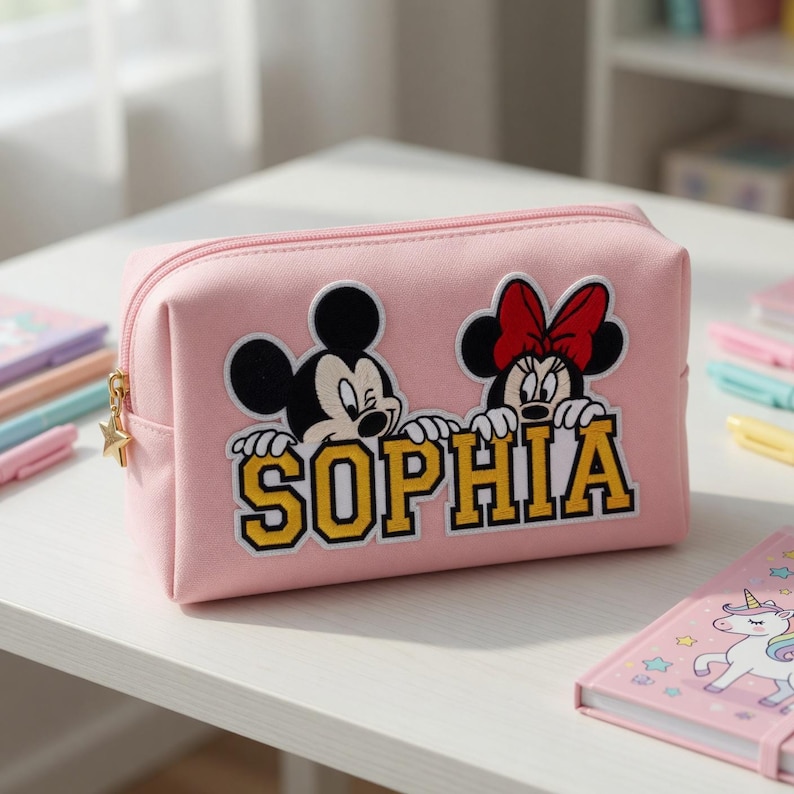 Puede incluir: Bolsa de cosm&eacute;ticos rectangular rosa con gr&aacute;ficos de Mickey Mouse y Minnie Mouse. El nombre "SOPHIA" est&aacute; impreso en letras amarillas. La bolsa tiene una cremallera dorada y un dije en forma de estrella.