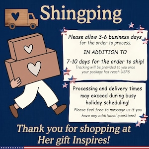 May include: A dark blue graphic featuring the text Shingping, a wooden truck with a heart, and a figure carrying two brown boxes with heart icons. The text includes processing and shipping information, ending with Thank you for shopping at Her gift Inspires!