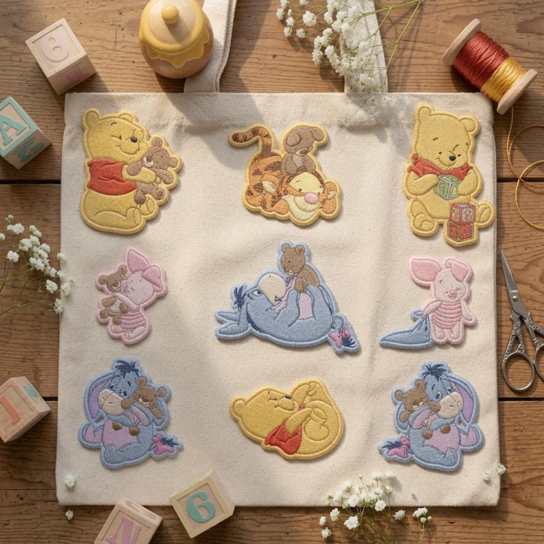 May include: A cream-colored canvas tote bag featuring nine embroidered patches of Winnie the Pooh characters including Pooh, Tigger, Piglet, and Eeyore. Each character is depicted in a soft, colorful style, some holding small brown teddy bears.