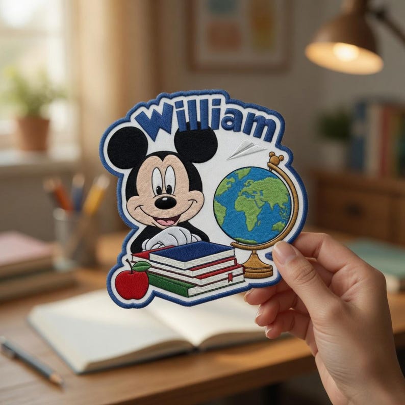 May include: A blue and white embroidered patch featuring Mickey Mouse, the name "William", a globe, books, and an apple. The patch is held by a hand. The globe shows the continents in green and blue. The name "William" is in a blue, bubble font.