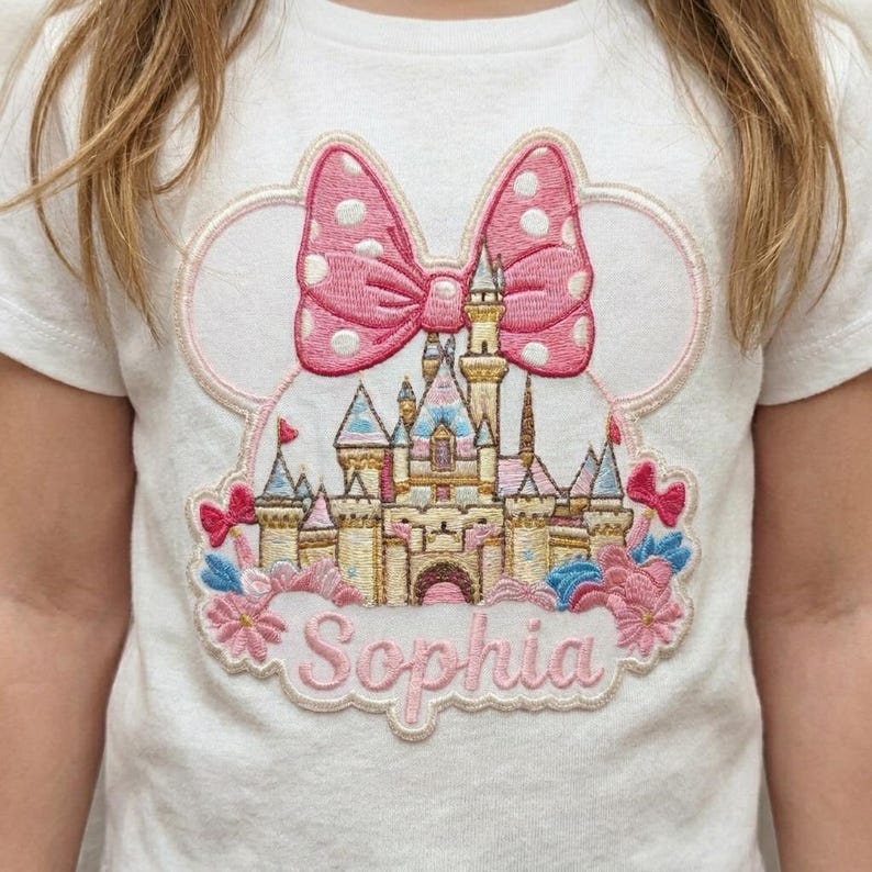 May include: A white t-shirt featuring a large embroidered design of a castle centered beneath a pink polka-dot bow. The castle is detailed with blue and gold accents, surrounded by pink flowers, and the name Sophia is stitched in pink script below.