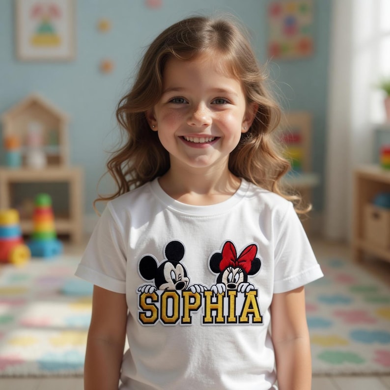 Puede incluir: Una camiseta blanca con dise&ntilde;os de Mickey Mouse y Minnie Mouse, y el nombre "SOPHIA" en letras doradas. La camiseta la lleva una ni&ntilde;a con el pelo largo y casta&ntilde;o, sonriendo a la c&aacute;mara.