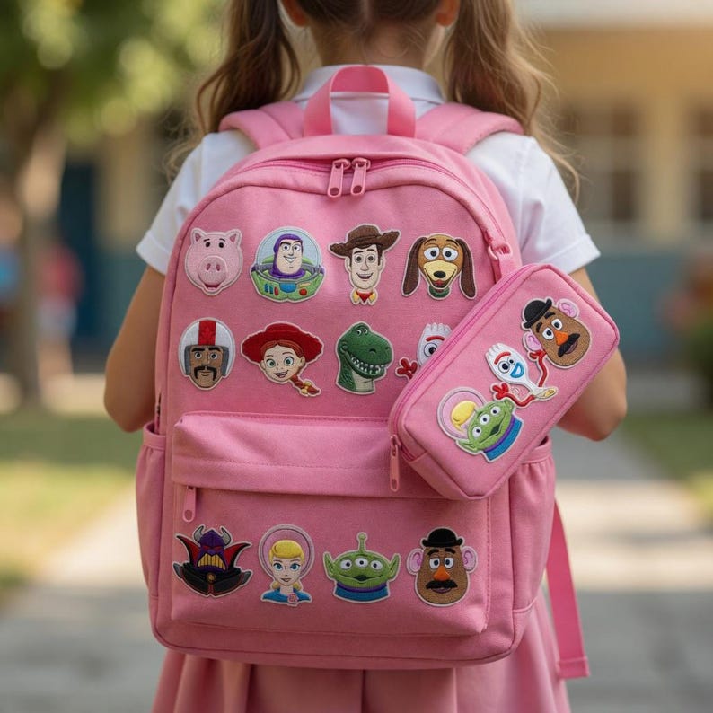 May include: A pink backpack and matching pencil case featuring embroidered patches of various animated characters including a space ranger, a cowboy, a cowgirl, a green dinosaur, a pig, a dog, a spork, and a potato-shaped character.