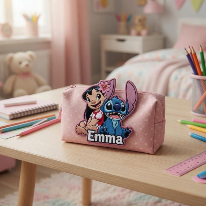 May include: A light pink pencil case with a white polka dot pattern featuring a raised applique of Lilo and Stitch with the name Emma printed in white letters. The rectangular case has a zipper closure and sits on a wooden desk surface.