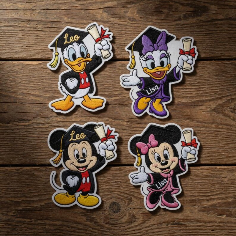 Puede incluir: Cuatro parches bordados con personajes de Disney con atuendo de graduaci&oacute;n. Donald Duck, Mickey Mouse y Minnie Mouse llevan gorras de graduaci&oacute;n negras con el nombre "Leo" y Daisy Duck con el nombre "Lisa". Cada personaje sostiene un diploma.