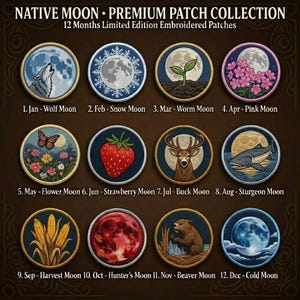 Native Moon Embroidered Patch, 12 Month Moon Patch Iron On, Wolf Moon Harvest Moon Badge Sew On Jacket Backpack, Moon Lover Gift