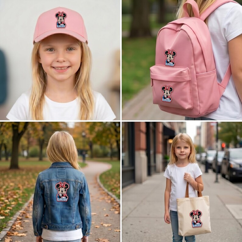 May include: A pink baseball cap, backpack, denim jacket, and tote bag, each featuring a Minnie Mouse design. The items are shown on a young girl. The tote bag and jacket have the name "Emily" on them.