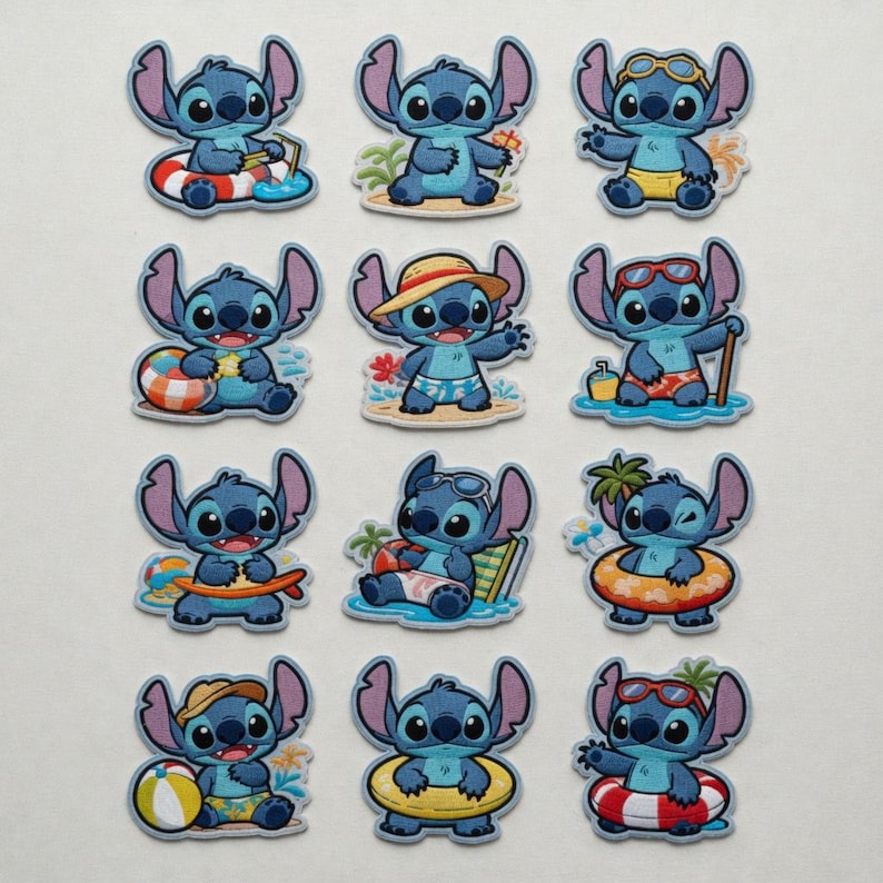 May include: A collection of twelve blue character patches, each depicting the same cartoon alien in various beach-themed poses. The patches feature the character with sunglasses, beach balls, and inner tubes. The patches are on a white background.