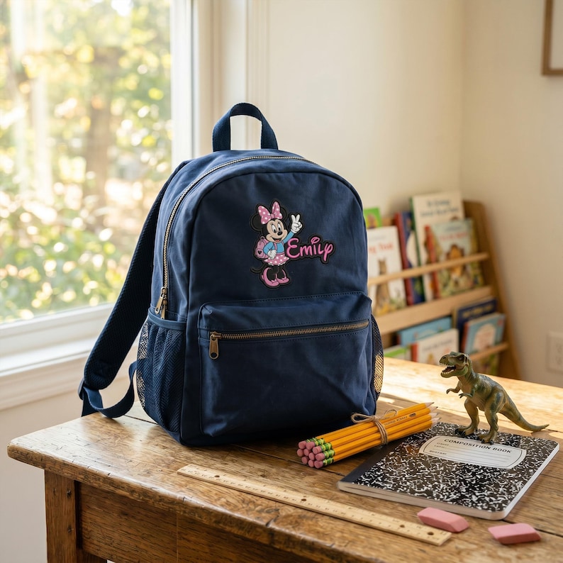 Puede incluir: Una mochila azul marino con un dise&ntilde;o de Minnie Mouse y el nombre "Emily" bordado en rosa. La mochila tiene un bolsillo frontal, un bolsillo lateral de malla y un asa superior. L&aacute;pices, un cuaderno y un dinosaurio de juguete est&aacute;n sobre la mesa de madera.