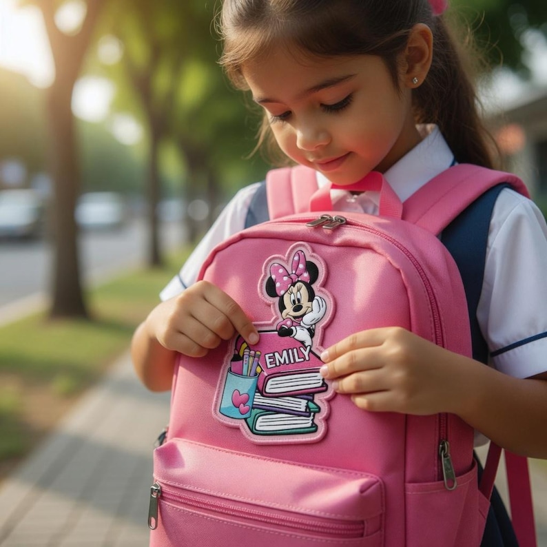 May include: A pink backpack with a Minnie Mouse patch. The patch features Minnie Mouse, books, and the name "EMILY". The backpack has a zipper closure and adjustable straps, perfect for school.