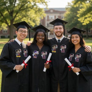 Puede incluir: Cuatro graduados con togas y birretes negros posan al aire libre. Cada toga presenta un parche de personaje de Disney. Sostienen diplomas enrollados atados con cintas rojas, sonriendo frente a un fondo borroso de &aacute;rboles y un edificio.