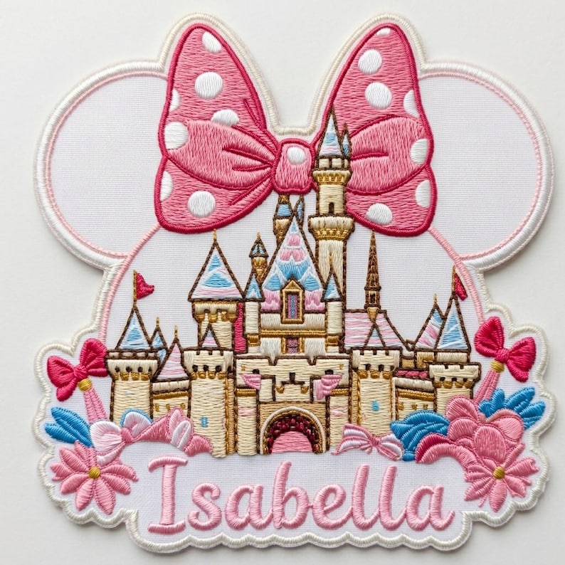 May include: An embroidered patch featuring a castle silhouette with a large pink and white polka dot bow at the top. The design includes blue and pink floral accents, small bows, and the name Isabella embroidered in pink script at the bottom.