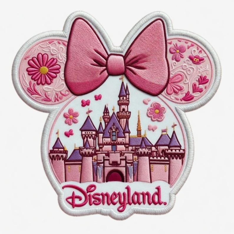 May include: Embroidered patch with a pink bow and mouse ears design. The patch features a pink castle with purple turrets, the word "Disneyland" in script, and floral accents. The patch is outlined in white.