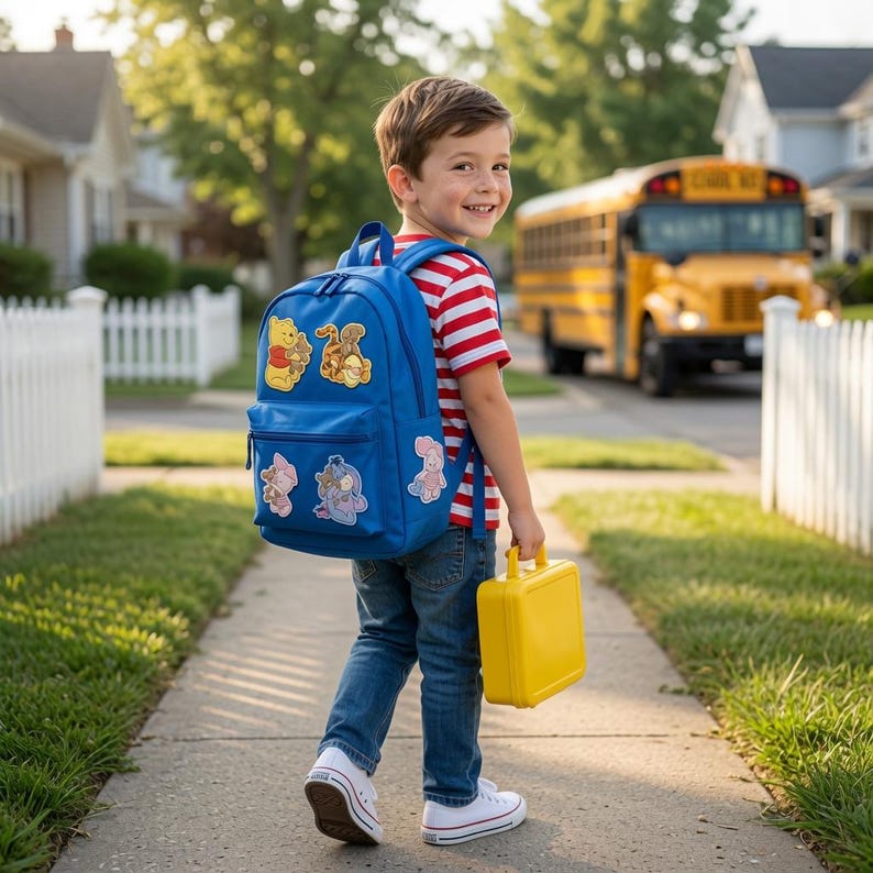 May include: A bright blue backpack featuring embroidered patches of Winnie the Pooh characters, including Pooh, Tigger, Piglet, and Eeyore. The backpack has a main compartment and a front zippered pocket, paired with a solid yellow rectangular lunch box.
