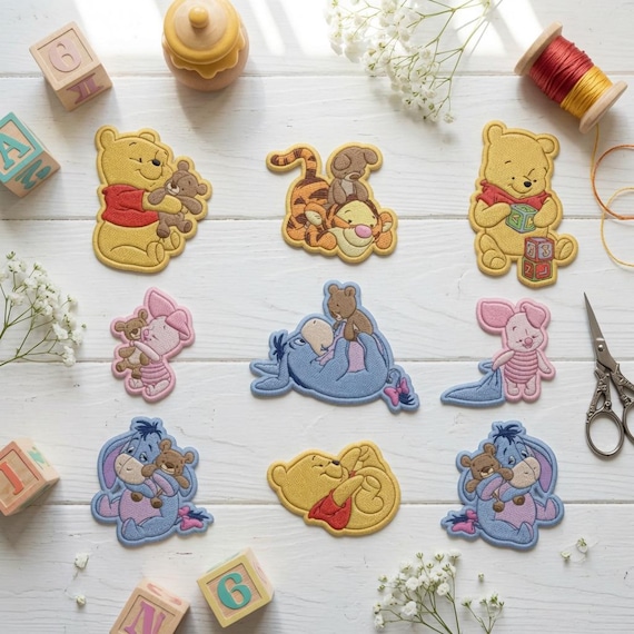 Winnie the Pooh & Friends Plushie Patch Set, Soft Pastel Embroidered Applique, Cozy Nursery Decor, Kids Clothing Patch, Newborn Gift