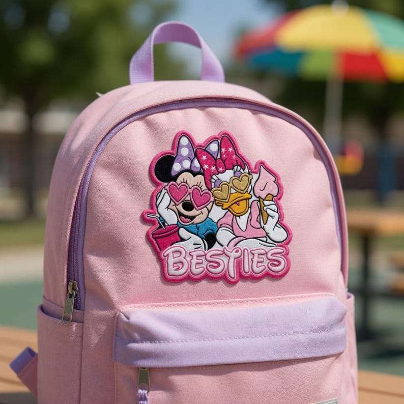 May include: Pink backpack with a purple handle and accents. The front features a colorful patch with Minnie Mouse and Daisy Duck wearing sunglasses and holding ice cream. The word "Besties" is below the characters.