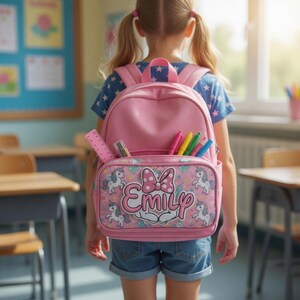 以下が含まれることがあります： ユニコーンのデザインと「Emily」という名前が入ったピンク色のバックパック。バックパックにはペンと定規が入っています。子供は青い星柄のシャツとデニムショーツを着ています。