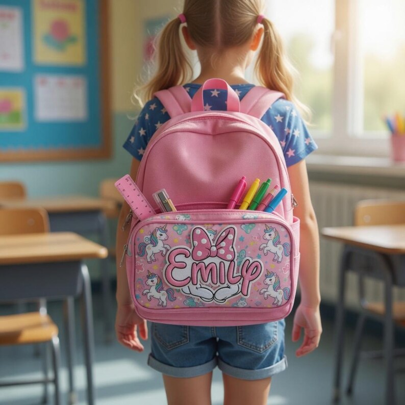 以下が含まれることがあります： ユニコーンのデザインと「Emily」という名前が入ったピンク色のバックパック。バックパックにはペンと定規が入っています。子供は青い星柄のシャツとデニムショーツを着ています。