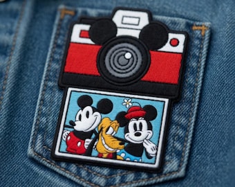 Mickey Minnie Mouse camerapatches, Disney-foto geborduurde opstrijkpatch, Mickey Friends retro-badge opnaaien jas rugzak, Disney-cadeau