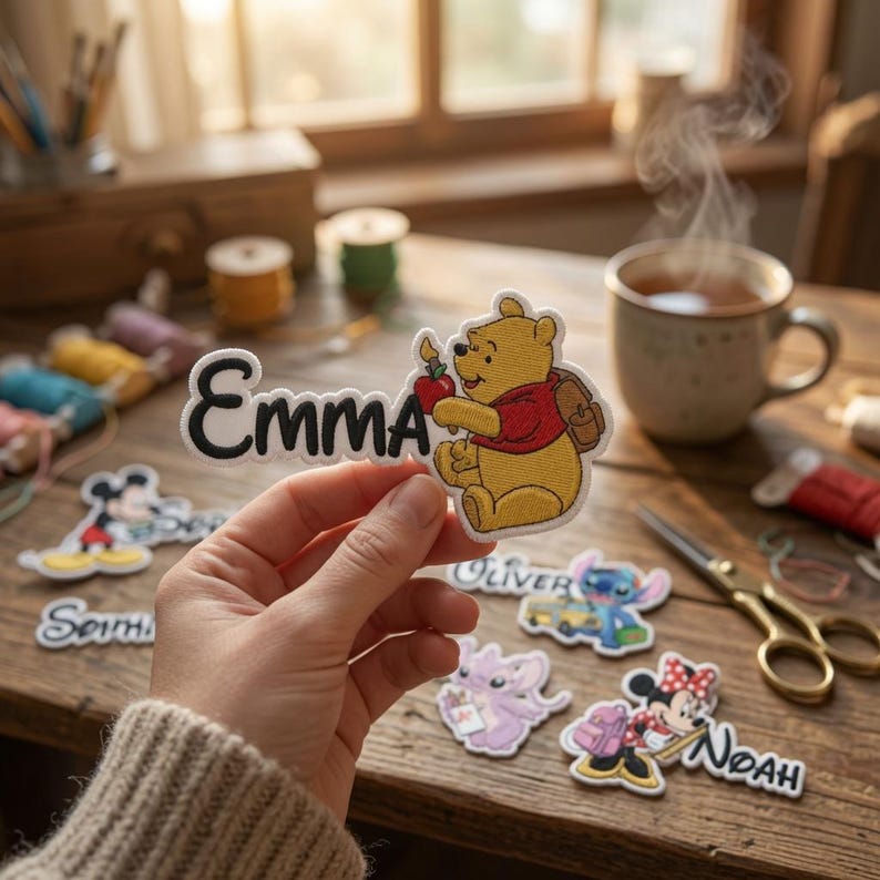 May include: An embroidered fabric patch featuring the name Emma in black script lettering next to a yellow Winnie the Pooh character holding a red apple. The patch has a white border and is held up against a background of various craft supplies.