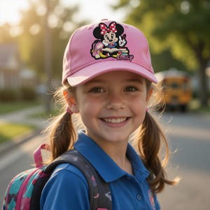 Pu&ograve; includere: Un cappellino da baseball rosa con un design di Minnie Mouse, fiocco rosso, segno di pace e il nome "Emily". Il cappellino &egrave; indossato da una ragazzina con le trecce, una camicia blu e uno zaino. Un autobus scolastico &egrave; visibile sullo sfondo.
