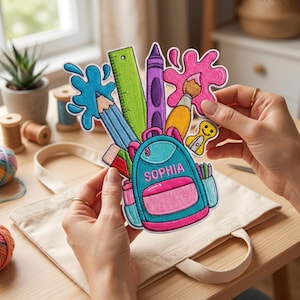 Könnte beinhalten: Ein farbenfroher, gestickter Aufnäher mit Schulmaterialien. Das Design umfasst einen blauen Rucksack mit dem Namen "SOPHIA", einen Bleistift, ein Lineal, einen Buntstift, einen Pinsel und Farbspritzer. Der Aufnäher wird vor einer Tragetasche aus Segeltuch gehalten.
