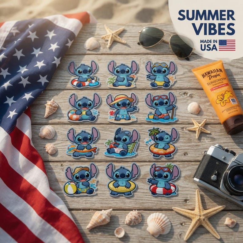 May include: A collection of blue Stitch character stickers in various summer poses, surrounded by seashells, sunglasses, and sunscreen. An American flag and the text "Summer Vibes Made in USA" are also visible, creating a beach-themed aesthetic.