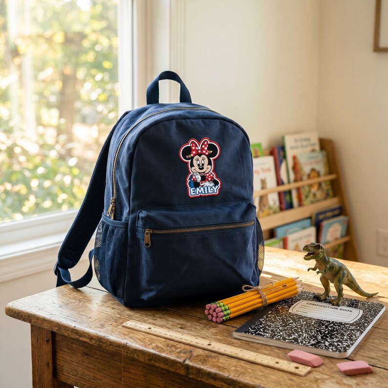 May include: Navy blue backpack with a Minnie Mouse patch and the name "Emily". The backpack has a front pocket, side mesh pocket, and a top handle. Pencils, a notebook, and a toy dinosaur are on the wooden desk.