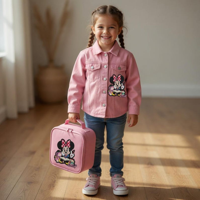 Pu&ograve; includere: Una bambina indossa una giacca di jeans rosa e jeans blu, con un portapranzo rosa abbinato. La giacca e il portapranzo presentano una grafica di Minnie Mouse. Sul portapranzo &egrave; stampato il nome "Emily".