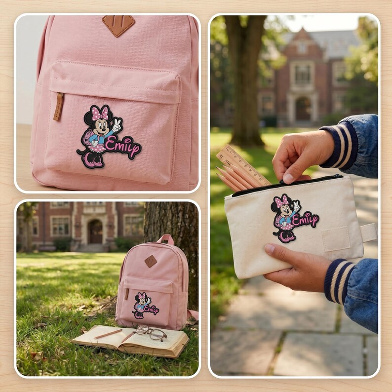 Puede incluir: Una mochila rosa claro con un bolsillo delantero y un parche de cuero marr&oacute;n. La mochila presenta un parche de Minnie Mouse con el nombre "Emily". Tambi&eacute;n se muestra un estuche a juego, junto con un libro y gafas.
