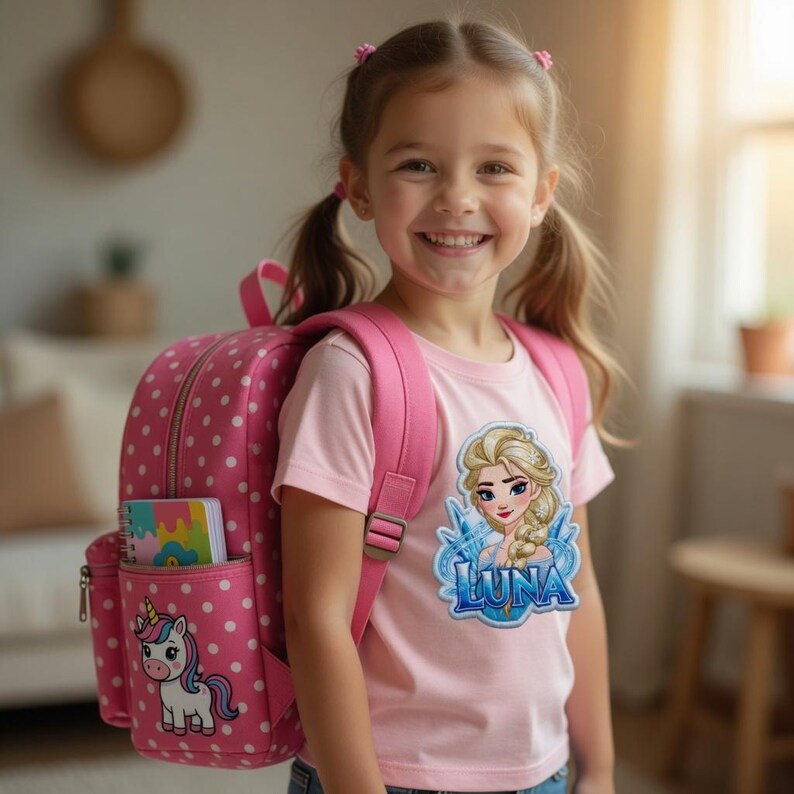 Peut inclure: Une jeune fille porte un t-shirt rose avec un motif d'Elsa et le nom "LUNA". Elle porte &eacute;galement un sac &agrave; dos rose &agrave; pois blancs et un motif de licorne. Un cahier est visible dans la poche lat&eacute;rale.