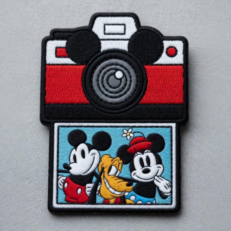 Puede incluir: Parche bordado con un dise&ntilde;o de c&aacute;mara roja y negra con orejas de Mickey Mouse. Debajo, un rect&aacute;ngulo azul con Mickey, Minnie y Pluto. El parche tiene un borde negro, ideal para ropa o accesorios.