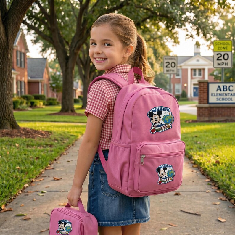 May include: A pink backpack and matching lunch bag featuring a Mickey Mouse graphic with the name "William" embroidered on the backpack. The backpack has a front pocket and a zipper closure. The girl is wearing a red and white checkered shirt and a denim skirt.